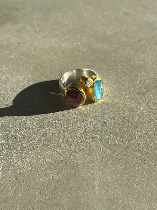 Unikat - Granat, Blautopas & Diamant Ring